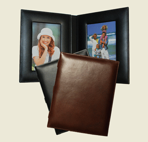 tan and black leather double photo frames with Italian-style hubbed spines