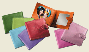 multi-colored leather heart photo holders with mirror compacts