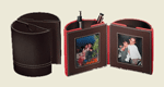 open and closed views of leather desktop photo and pen holder