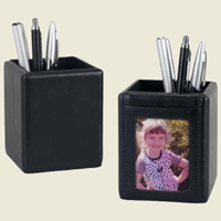 black leather desktop pen holder and photo display