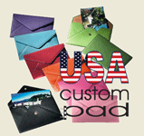 brightly colored leather photo envelopes and USA Custom Pad logo