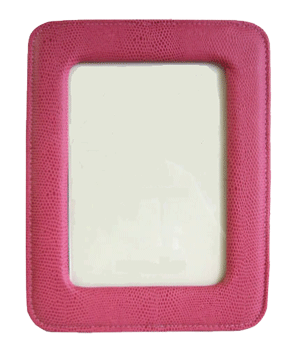 pink pebble-textured leather photo frame with stitched edges