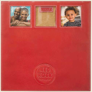red faux leather mouse pad photo holder with spaces for three pictures