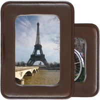 brown leather photo frame with stitched edges and rounded corners